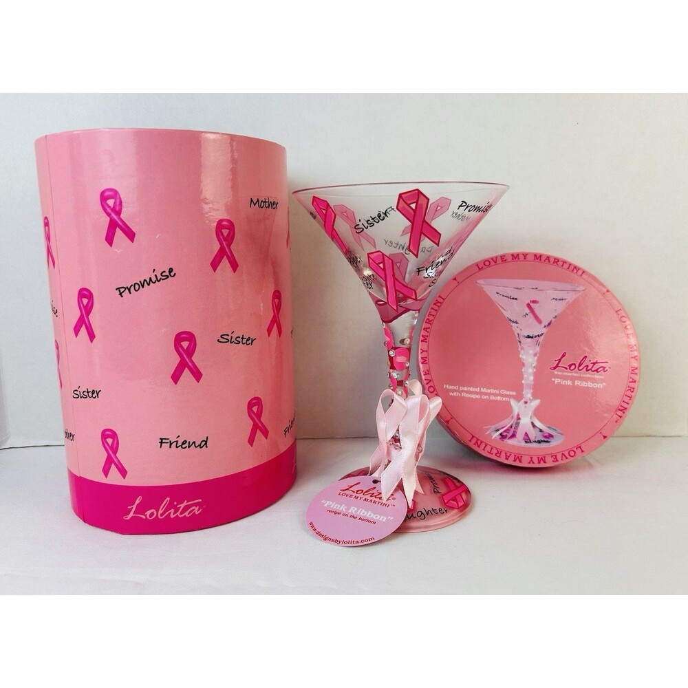 Lolita Pink Ribbon Breast Cancer Awareness Hand Painted 7oz Martini Glass OB